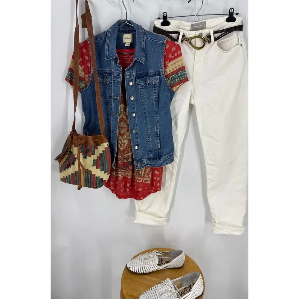 Vintage embossed, leather strap /trim, bohemian Multicolor Patterned Bucket Bag